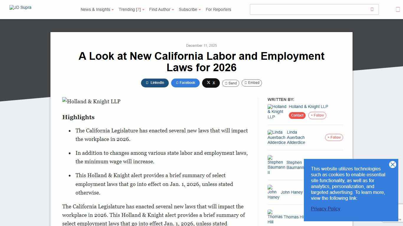 A Look at New California Labor and Employment Laws for 2026 Holland & Knight LLP - JDSupra