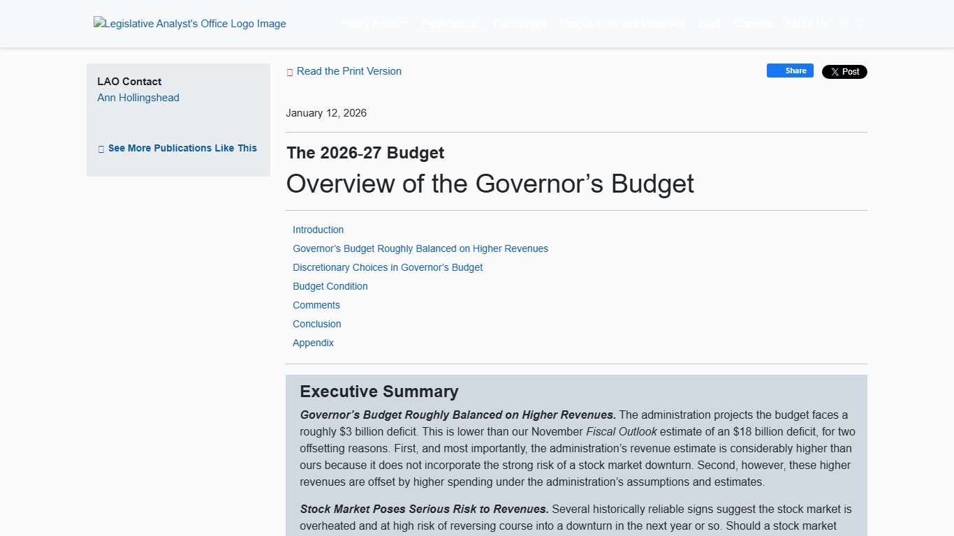 The 2026-27 Budget: Overview of the Governor's Budget